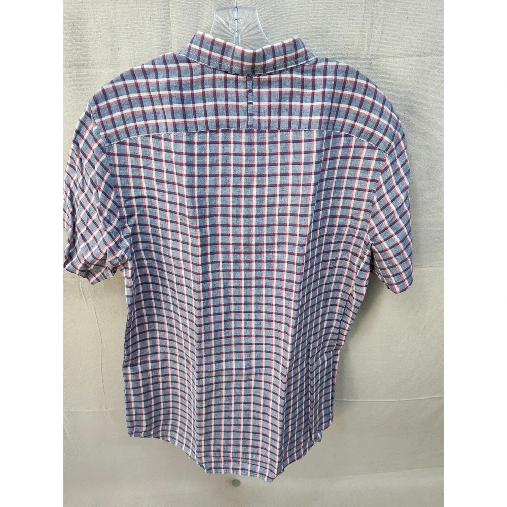 Banana Republic Camden‎ Fit Mens S 100% Linen Short Sleeve Plaid Shirt Red Blue